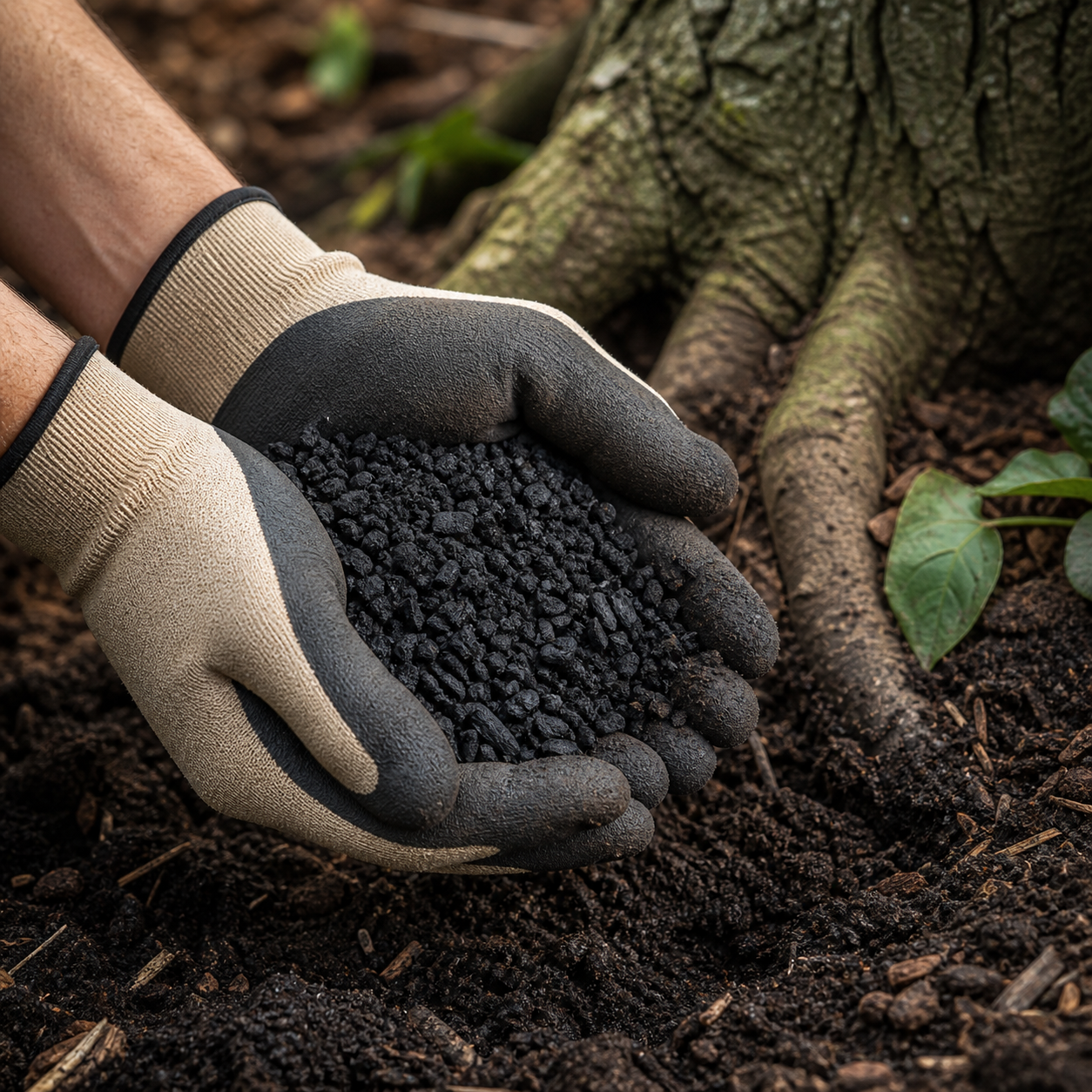 Arborist holding porous horticultural biochar near a tree root zone