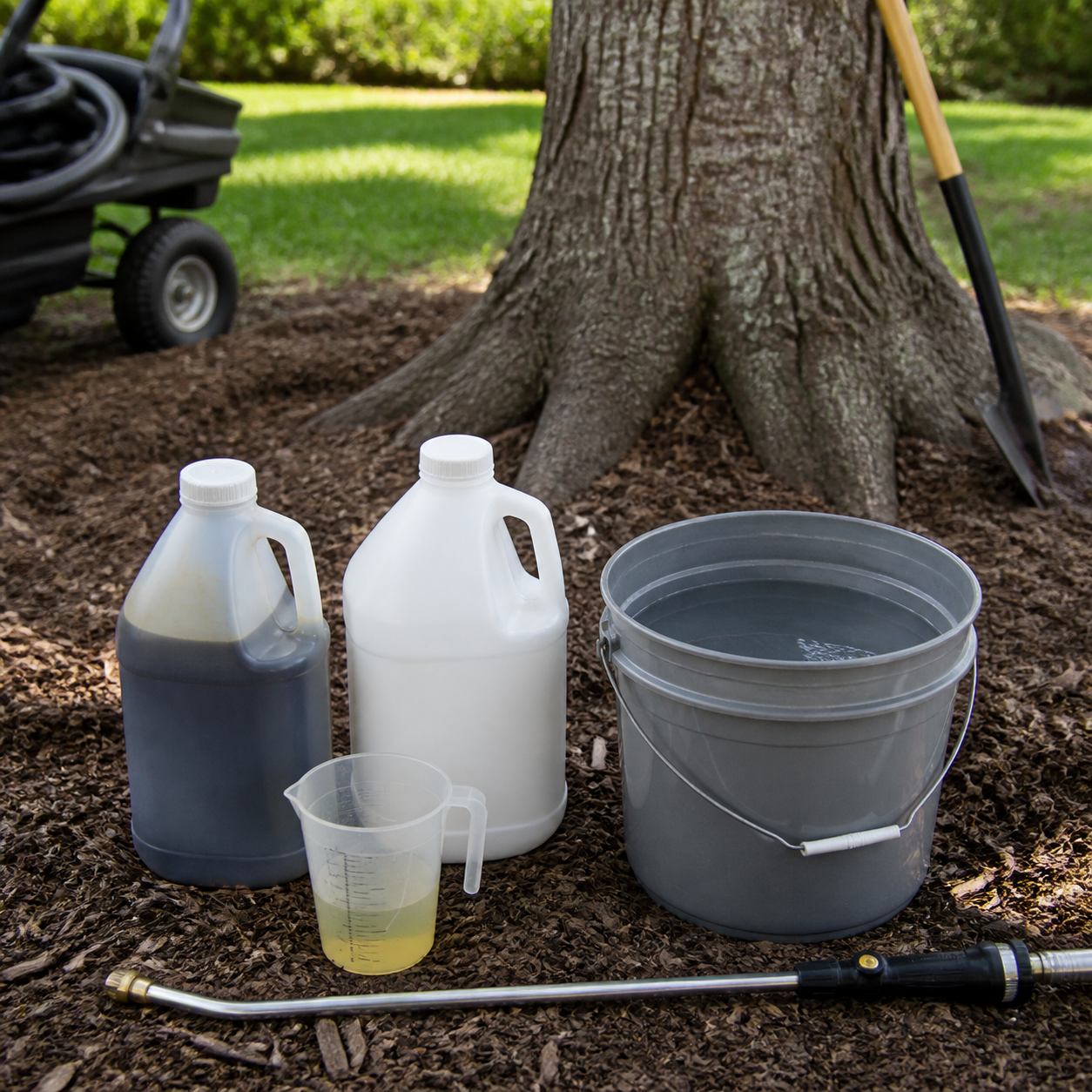 Tree health treatment products and measuring equipment beside a mature tree