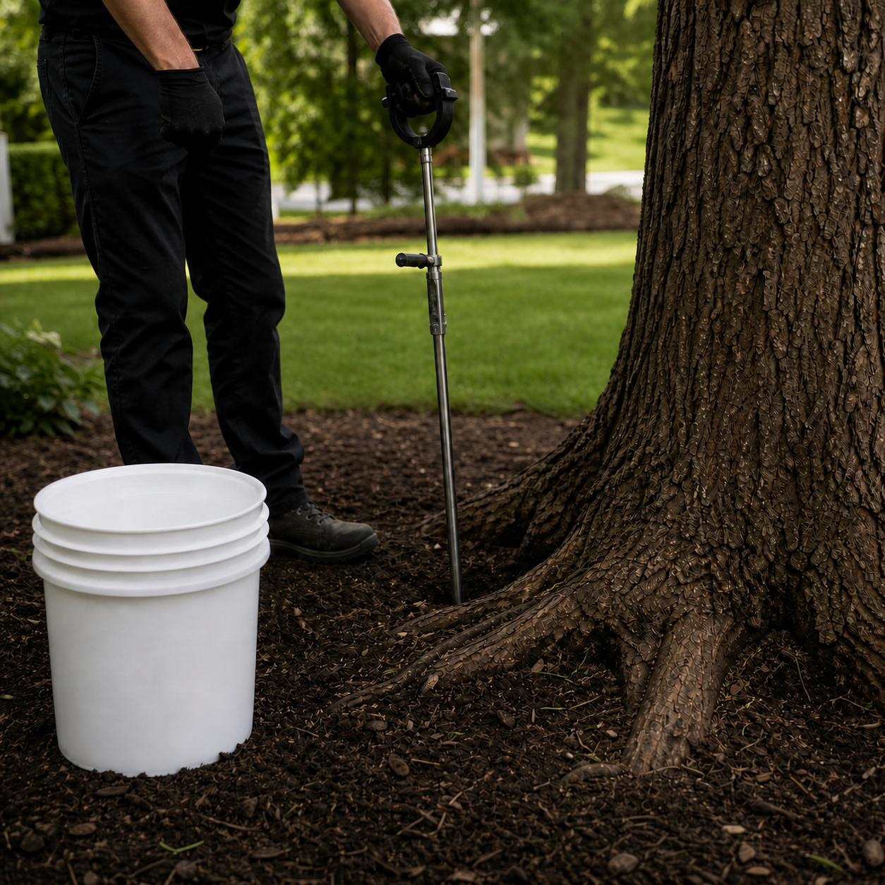 Arborist using soil injection equipment beside a mature tree